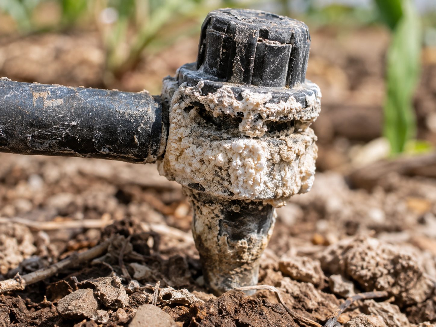 Mineral-crusted drip irrigation emitter